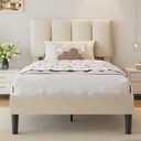 VECELO Twin Size Bed Frame with Upholstered Headboard, Heavy-Duty Bedframe with Wooden Slats & Steel Framework, Easy Assembly, Pale Beige