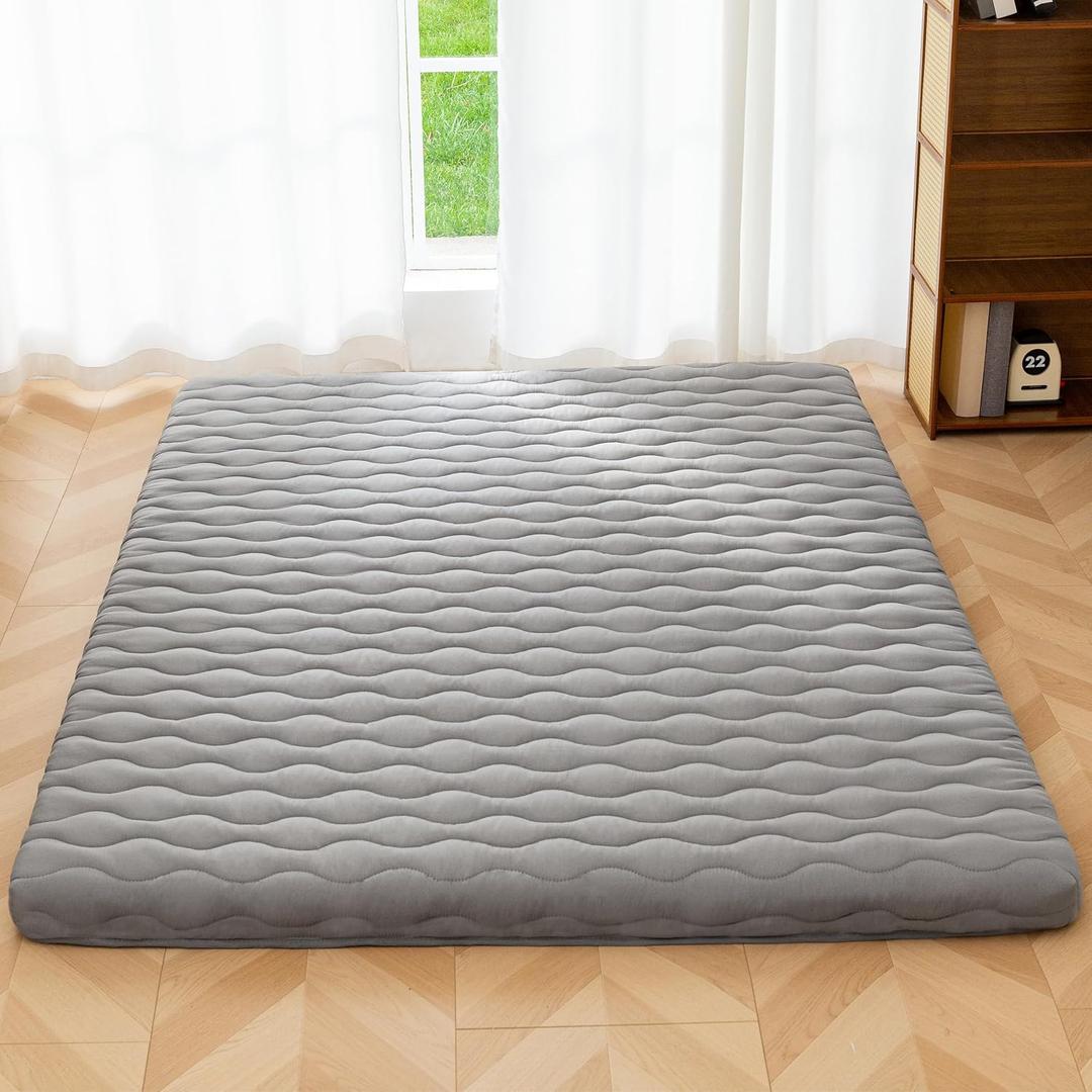 MAXYOYO Japanese Floor Futon Mattress Queen Size, 3" Thicken Tatami Sleeping Pad Foldable Roll Up Mattress, Portable Floor Mattress Pad for Adults, Guest Room, Camping, Grey