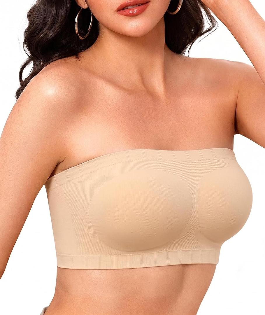 Strapless Bra for Women Fixed Pads Wireless Bandeau Bra Non-Slip Tube Tops (Beige, L)