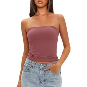 Darong Womens Padded Tube Tops Bulit in Bra Strapless Crop Tops Bandeau Double Lined Basic Going Out Tank Top (Small, Merlot)