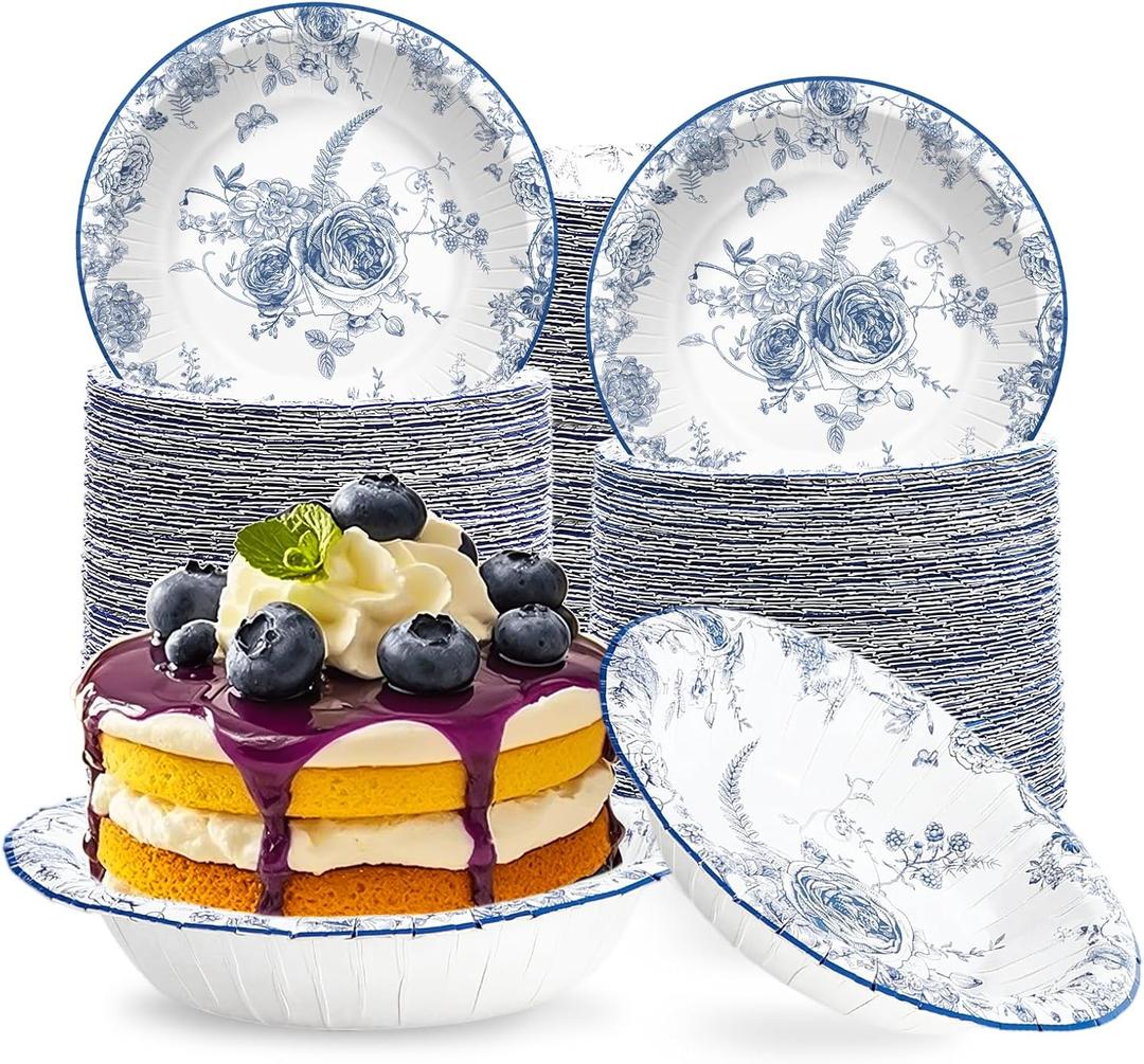 Grencian 100 Pcs Blue Floral Paper Bowls 12 Oz Disposable Blue White Flower Dessert Bowls Disposable Hot Soup Salad Bowl for Birthday Bridal Baby Shower Christmas Tea Party Supplies