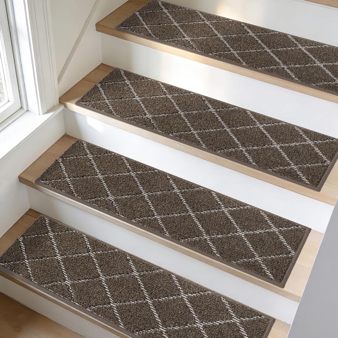 BEQHAUSE Stair Treads Non Slip Stair Runners for Wooden Steps Machine Washable Stair Rugs Soft Polyester Stair Runner Mats for Dogs Kids Brown Carpet Stair Treads,4PCS