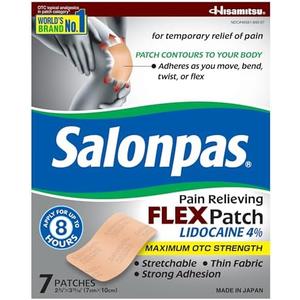 Salonpas Maximum OTC Strength Lidocaine 4% Pain Relieving Flex Patch, Apply for Up to 8 Hours, Unscented, Thin, Flexible, Lightweight, Patch Stays in Place, 6 Patches