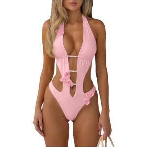 WDIRARA Women's 3D Floral Cut Out One Piece Swimsuit Deep V Neck Tie Halter Backless Swimwear (Pink, M)