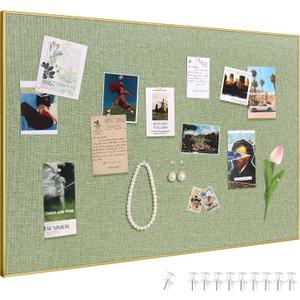 SELEAD Linen Bulletin Board 30” x 20” - Golden Aluminum Frame, Green Fabric