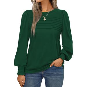 Simlakey Women Long Sleeve Shirt Dressy Casual Blouse 2025 Fall Fashion Pleated Top Trendy Loose Fit Crew Neck Basic Tee (Green,L)