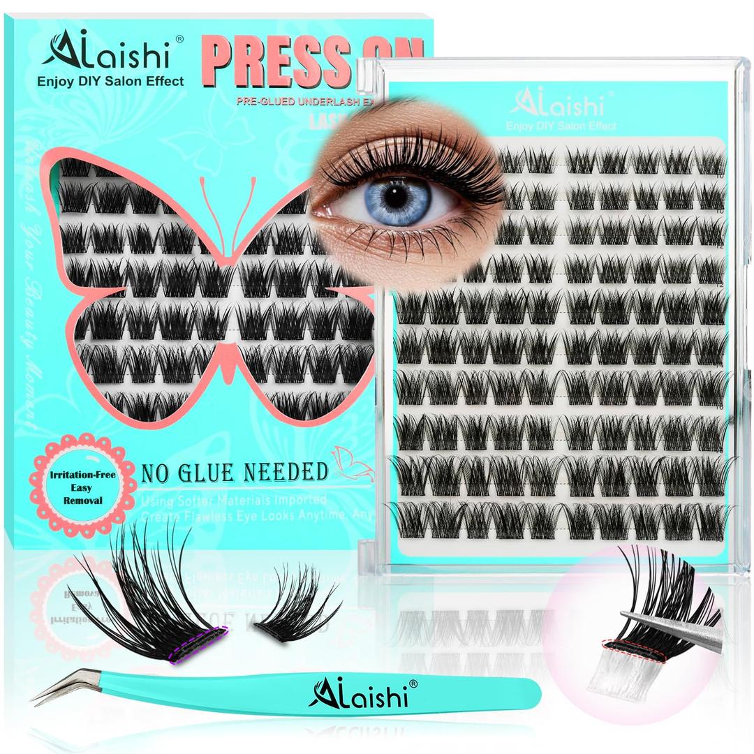 No Glue Needed Lashes, Self Adhesive Eyelashes, DIY Lash Cluster Eyelash Extensions Kit 1018mm,120pcs Fluffy D Curl Soft Natural Lashes with TweezersFake Cat Eye Wispy Individual Clusters(NGDYAA1)