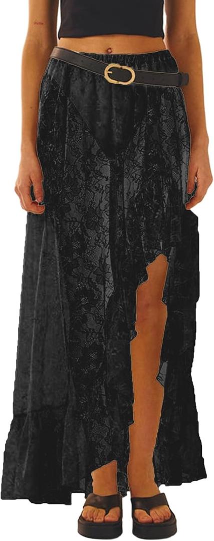 Women Lace Flowy Long Skirt Fairy Asymmetrical Hem See Through Maxi Skirt Summer Aesthetic Streetwear (Large, A 22 Black)