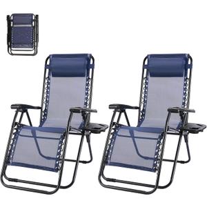 NEWBULIG Zero Gravity Chair Set of 2, Lounge Chair Folding Portable Adjustable Camping Reclining Chairs with Adjustable Pollow, Mesh Back, Cup Holder Trays Lawn Patio Chair for Pool Beach