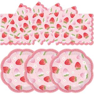 50pcs Strawberry Paper Plates and Napkins Party Decorations, 7 inch Disposable Berry Birthday Dessert Plates and Napkins Fruit Themed Tableware Set Supplies for Summer Sweet One Baby Shower Berry 1st