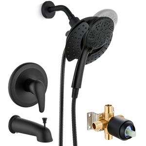 Usperno Tub Shower Faucet Set with with 9-Spray 2-in-1 Dual Shower Head with Handheld Spray Combo,Single Handle Valve Trim Kit,Tub Spout,Matte Black