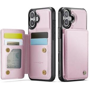 Vinich for iPhone 16 Plus 6.7" Wallet Case with Card Holder, RFID Blocking Credit Slots Kickstand Shockproof Phone Cover for Women Men, Rose Gold
