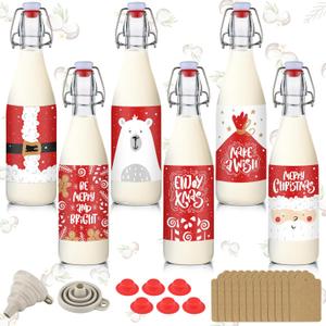 Sieral 6 Set Coquito Bottles 16 oz Christmas Swing Top Glass Bottles Flip Top Brewing Bottle for Vanilla Extract Homemade with Christmas red Label Stickers Home Brewing Coquito Beverages Liqueur