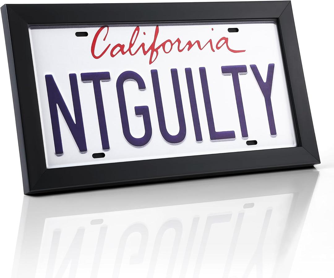 Feekoon License Plate Wall Frame, 13.7" x 7.4" Modern Black Display Cover with 98% UV Protection Acrylic, Imitation Wood Polystyrene Frame Display Vehicle Tag with Hanger