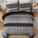 WONGS BEDDING Boho Quilt Set King, Bohemian Black Striped Patchwork Bedspread Coverlet Set with 2 Pillowcases,Lightweight Microfiber Floral Bedding Set 104"×90"