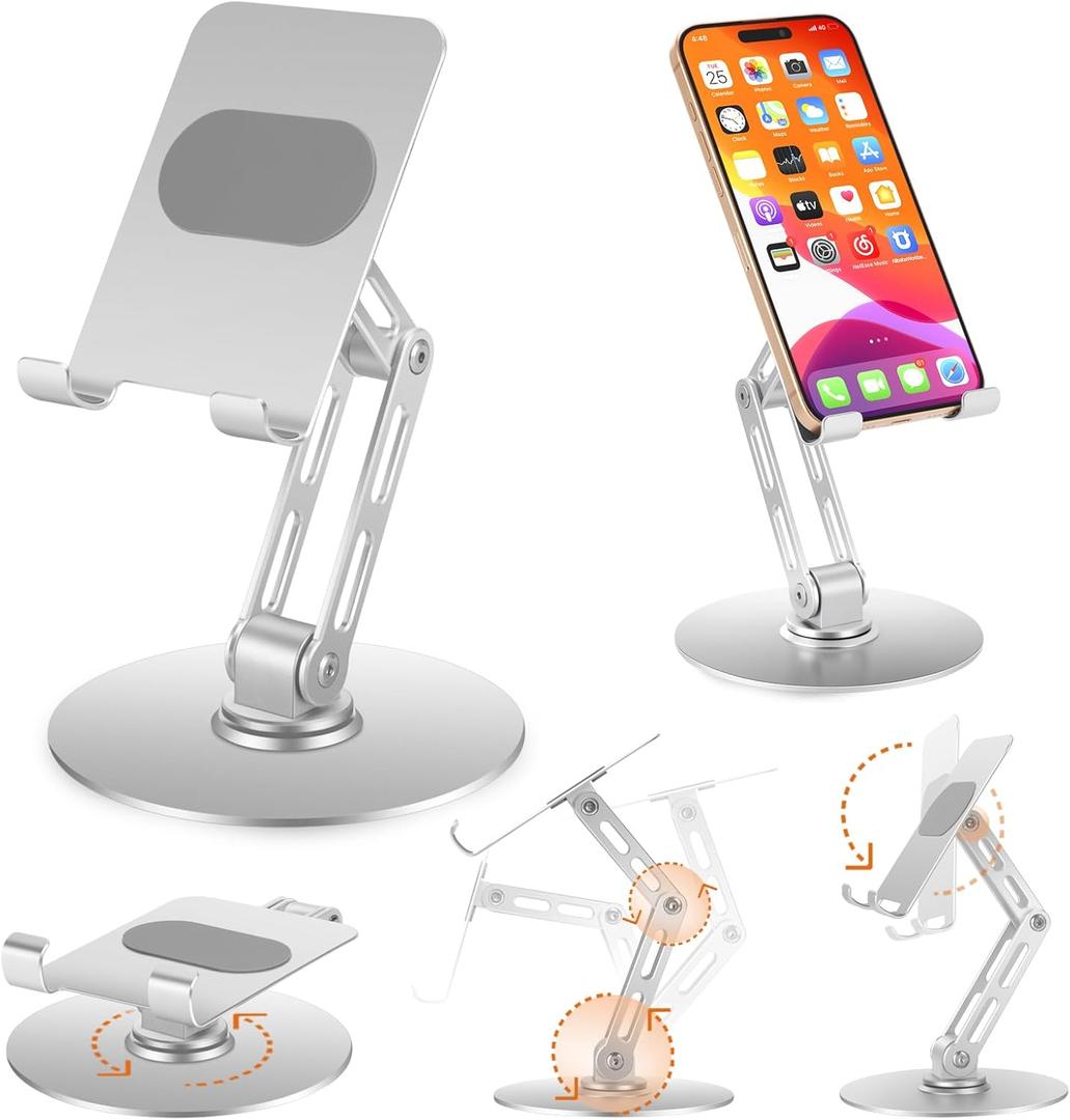 Adjustable Aluminum Phone Stand for Desk, No Wobble Heavy Base, Height Adjustable iPhone & iPad Stand, 360 Rotating Foldable Phone Holder for Desk Office Home 