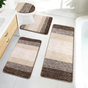 Bsmathom Bathroom Rugs Sets 4 Piece with Toilet Cover, Plush Shaggy Bath Rugs Set Non Slip Washable, Absorbent Microfiber Bath Mat with U-Shaped Contour Toilet Mat for Bathroom, Dark Coffe