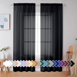 Simplebrand Black Sheer Curtains 90 Inches Long, Light Filtering Rod Pocket Solid Color Window Sheer Curtain Panels, Elegant Curtains & Drapes for Living Room, Bedroom 2 Panels (Black, 42" W x 90" L)