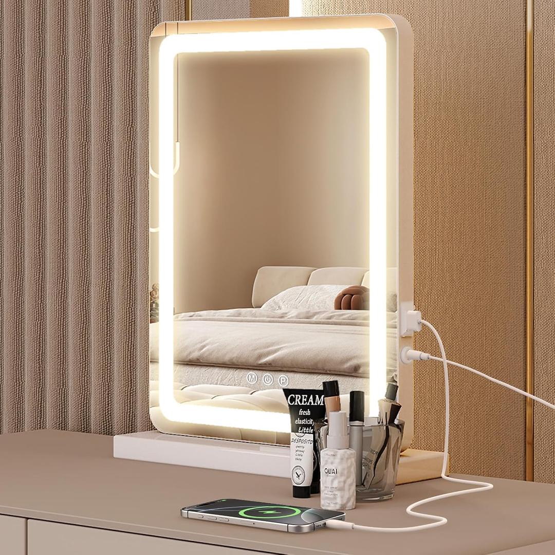 Sweetcrispy 18"x13" LED Vanity Mirror with Lights, Dimmable 3 Color Modes Makeup Mirror with Memory Function, USB Charging, Aluminum Frame, Lighted Mirrors for Desk, Bedroom, Living Room