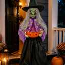Halloween Witch Animatronic with Candy Bowl, Moving Head & Mouth, Sound