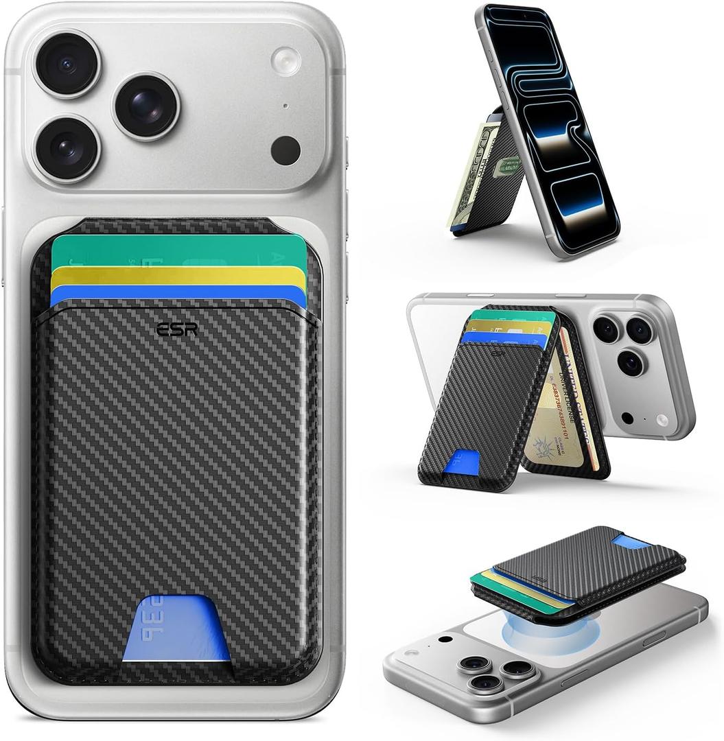 ESR for MagSafe Wallet, 5 Card Holder, RFID Blocking, Magnetic Wallet for iPhone 17/16/15/14/13/12 Series and Selected Samsung Devices, Adjustable Stand, Not for 13/12 Mini, Black Carbon Fiber