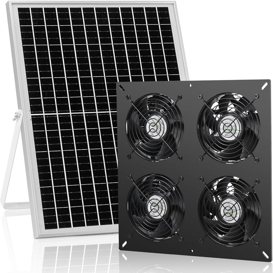 Solar 4 Fan Kit, 25W Solar Panel Powered Exhaust Fan for Outdoor Chicken Coop Greenhouse & Shed, Intake or Exhaust Air for Cooling, IP67 Waterproof,15FT Cord(Fan only Work Well in Full Sun)