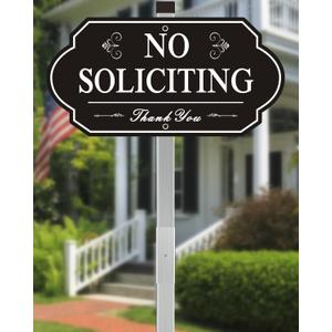 Heavy Duty No Soliciting Sign for House - All Metal Construction No Soliciting Yard Sign - 14" x 7" - Aluminum - with 28" Long Stake (Black)