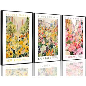 Pormipone 3 Pcs Flower Market Canvas Wall Art, Sunflower Floral Poster Wall Decor,Wildflower Botanical Picture for Wall Living Room Bathroom Bedroom Home Decoration 12 * 16 in Unframed