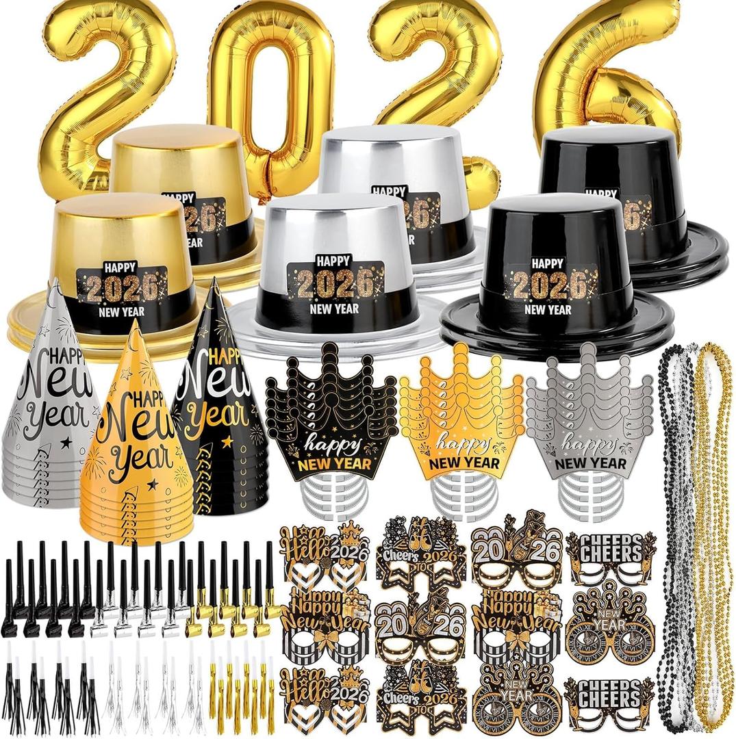 148Pcs New Year's Eve Party Supplies for 48 Guest Black Gold 2026 Happy New Year Decorations Include Balloons Cone Hats Headbands Glasses Squawkers Beaded Necklaces Great Party Favors Photo Props