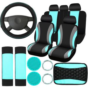 Sinmoe 17 Pcs Car Seat Covers Full Set, Steering Wheel Cover Center Console Pad Armrest Cover Seat Safety Belt Pad Seatbelt Covers Cup Mats Car Emblem Ring Sticker Accessories Set(Black, Mint)