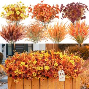 Alupssuc 24 Bundles Artificial Fall Flowers for Outdoors Decoration, UV Resistant Silk Colorful Daisy with Eucalyptus and Realistic Fake Autumn Plants for Outside Indoor Yard Home Patio Decor