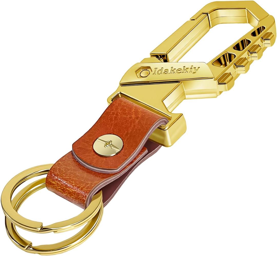 2 x Idakekiy Key Chain, Heavy Duty Belt Loop Key Keeper Key Ring Holder with Bottle Opener Leather Keychain for Men and Women (LightGold)