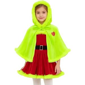 Alvivi Santa Claus Outfits for Girls Christmas Party Velvet Tutu Dress with Faux Fur Trim Cloak Hooded Cape, 120Y