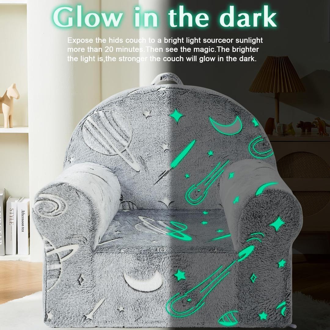ILPEOD Toddler Sherpa Couch, Cuddly Comfy Plush Chair, Glow in The Dark Starry Sky Grey