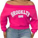 SOLY HUX Women's Letter Graphic Sweatshirt Off Shoulder Long Sleeve Cropped Pullover Top HotPink Letter Small (Pink, S)