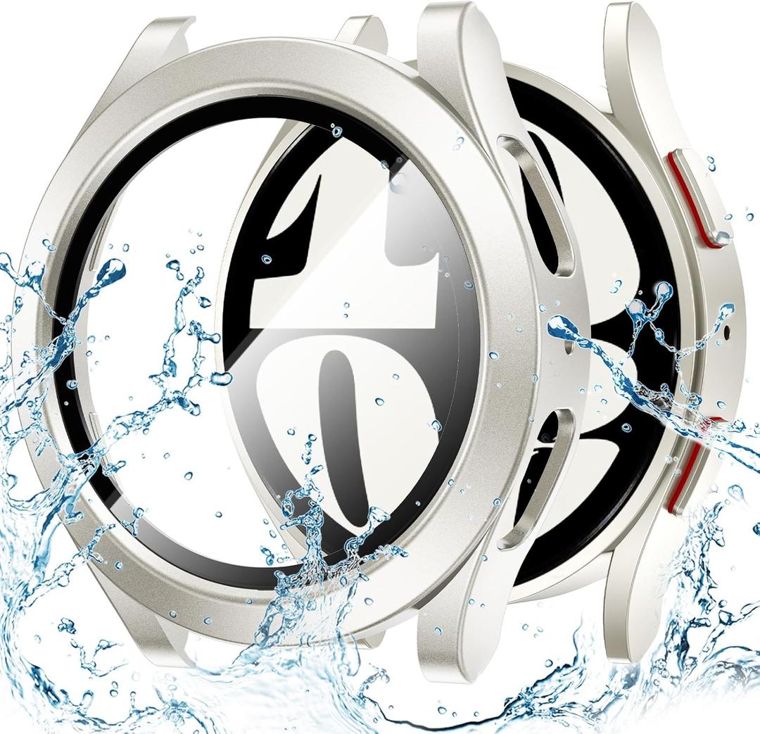 Goton Waterproof Case for Samsung Galaxy Watch 6 Screen Protector 40mm with Tempered Glass, 1-Pack Hard PC Cover Bumper for Galaxy Watch6  No Fog, Touch-Responsive, Starlight