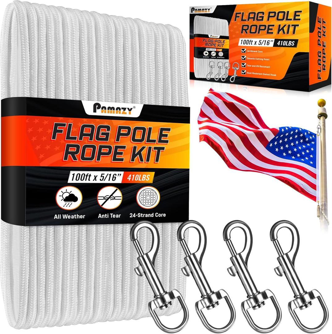 [Upgraded] 5/16 100Ft Flagpole Rope Kit with 4 Pcs 3.3 Swivel Snap Hook - High Weight Bearing Anti-Tearing Utility Rope with Durable ZinC Alloy Swivel Hooks - Flag Pole Accessories Replacement Kit
