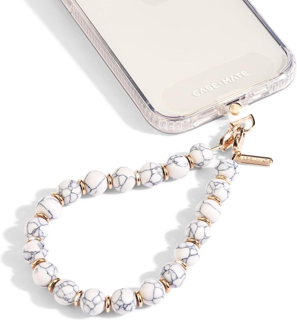 Case-Mate Phone Charm with Beaded Marble - Detachable Anti Theft Strap - Hands-Free iPhone Wrist Strap for Women - Phone Chain Wristlet - Fits Galaxy, Pixel and More - White Marble