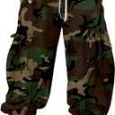 Kwunbwa Women's Baggy Cargo Jogger Jeans Barrel High Waisted Wide Leg Drawstring Y2K Loose Harem Denim Pants with Pockets (X-Large, Camo)