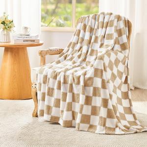 EMME Checkered Blanket Twin Size - 60"x80" Beige Knit Blanket Soft Fluffy Patterned Throw Blankets for Couch, Sofa, Chair, Bed, Camping, Picnic, Travel