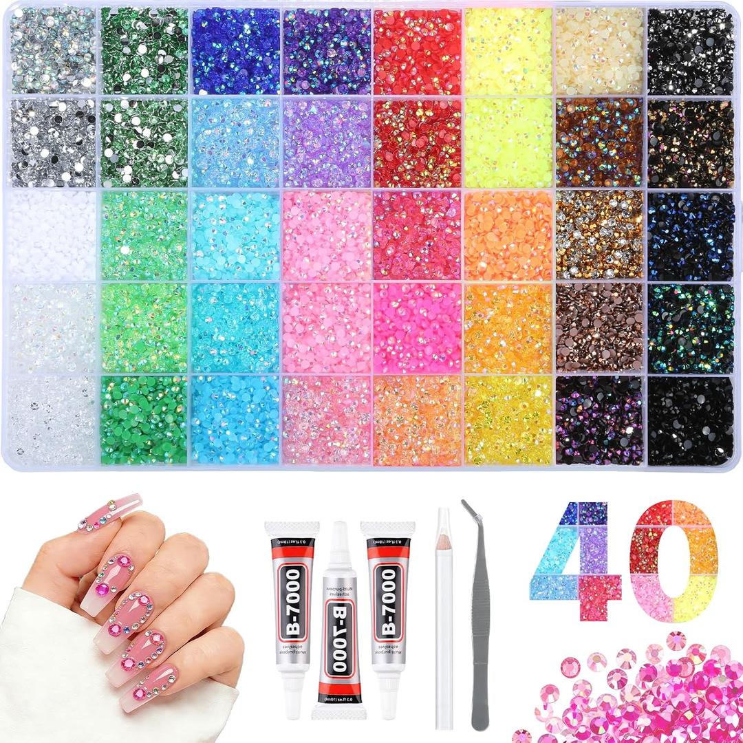 4mm Resin Rhinestones 40000Pcs, Bedazzling Kit with B7000 Glue, Tweezers & Pickup Pen, 40 Vibrant Colors for Nail Art, DIY Crafts, Clothes, Shoes, Graduation Cap, Jewelry, Art Painting & Decorations