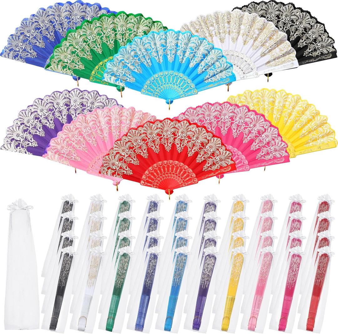 Geetery 50 Pcs Floral Folding Fan Chinese Style Silk Fabric Folding Hand Fan Vintage Flower Patterns Handheld for Wedding Party Favors Home(Fresh Colors)