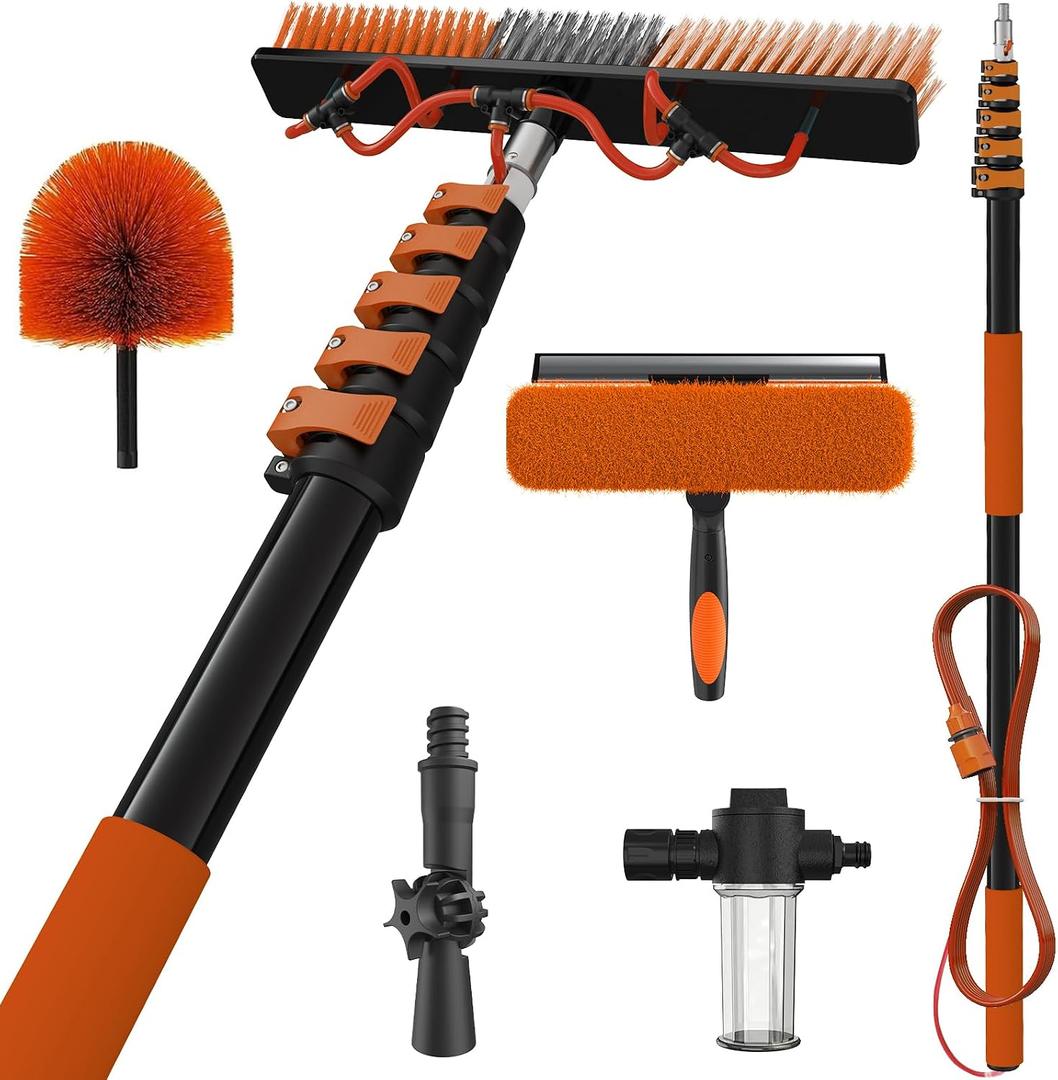 30Ft Reach Solar Panel Cleaning Brush Kit with 5-24ft Telescoping Pole, Water Fed Window Cleaner Tool with 20" Brush, Soap Dispenser, Cobweb Duster, Squeegee for Roof, RV, Gutter, Boat, Deck