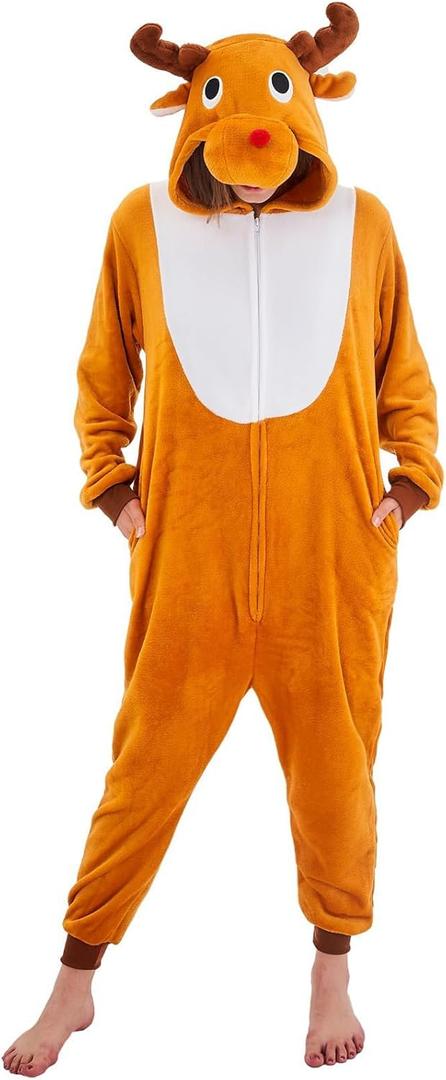 Adult Onesie Pajamas Animal One Piece Costume Halloween Cosplay for Women Men (Large, Brown Reindeer)
