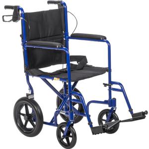 Drive Medical Lightweight Expedition Folding Transport Wheelchair with Hand Brakes - Portable Support - Large Rear Wheels - Compact Folding - Comfortable Design - Blue