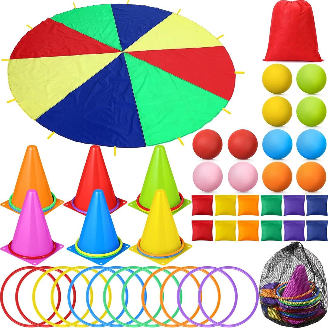 43 Pcs 3 in 1 Carnival Outdoor Games Combo Set for Kids Include 6 Plastic Cones, 12 Ring, 12 Bean Bags, 12 Plastic Ball, 10 Foot Play Parachute for Toddler Kids Party Play Decoration ( Play Parachute Missing )