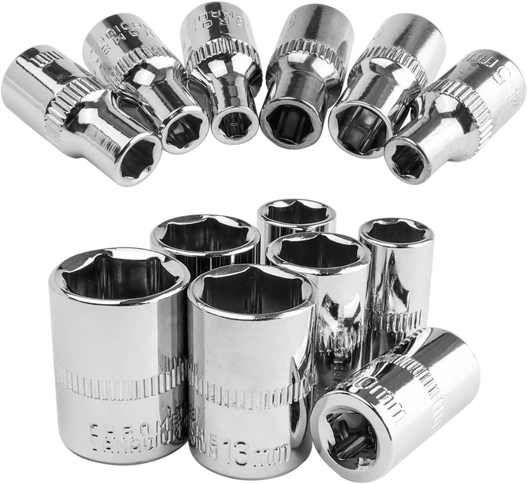 Wolfride 13Pcs 1/4 Drive Socket Set 4mm-14mm, 6 Point Shallow Socket Set Metric Socket Wrench Impact Socket