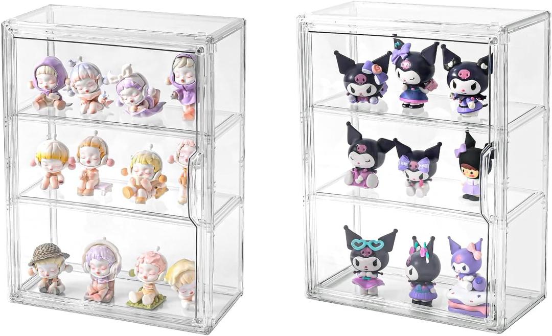 3 Tier Display Case for Collectibles,Clear Display Box with 2 Movable Plates ,Storage Container with Magnetic Door (Large 2 Pack)