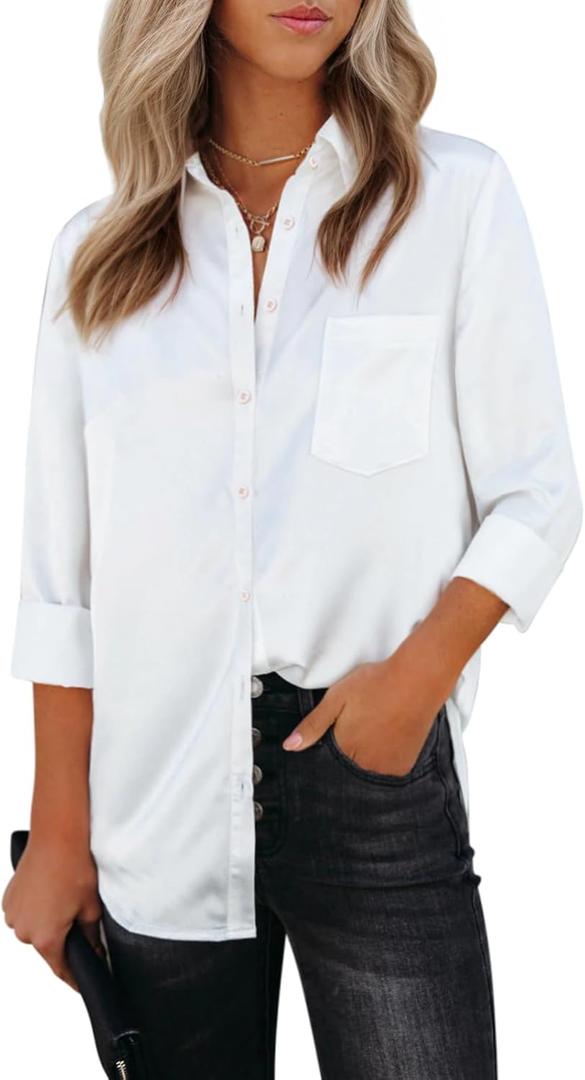 Womens Button Down Shirts Dress Shirts Long Sleeve Collared Blouses V Neck Work Office Tunic Chiffon Tops (X-Small)