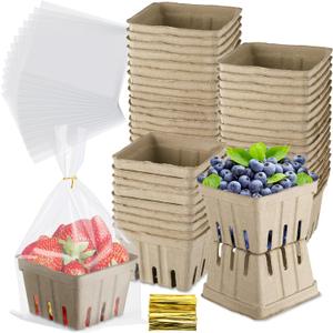 Amyhill 100 Pack Pulp Fiber Basket Set Include 100 Strawberry Berry Basket Small Vented, 100 Clear Packaging Bags, 100 Tie Strips for Kitchen Market Fruit Vegetable Produce Storage (Golden)